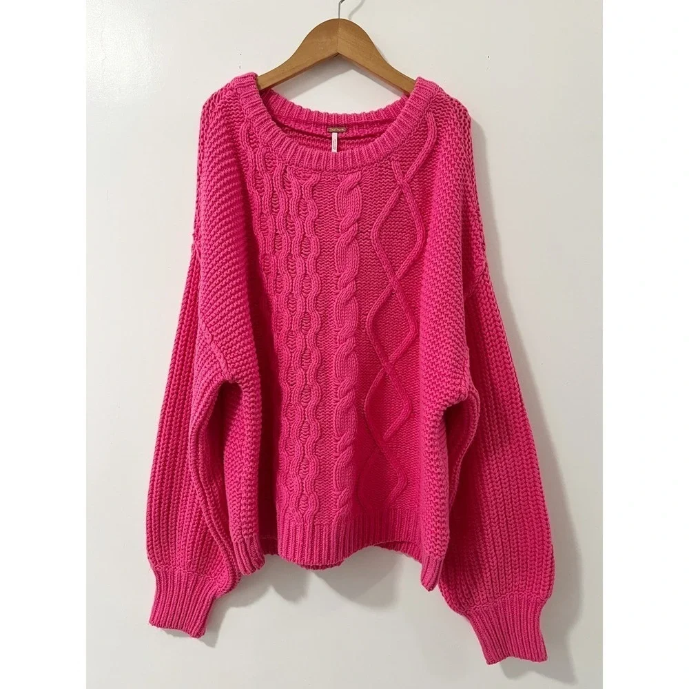 Free People On A Boat Cable Knit Sweater Pink Oversized‎ Cotton Blend Womens S